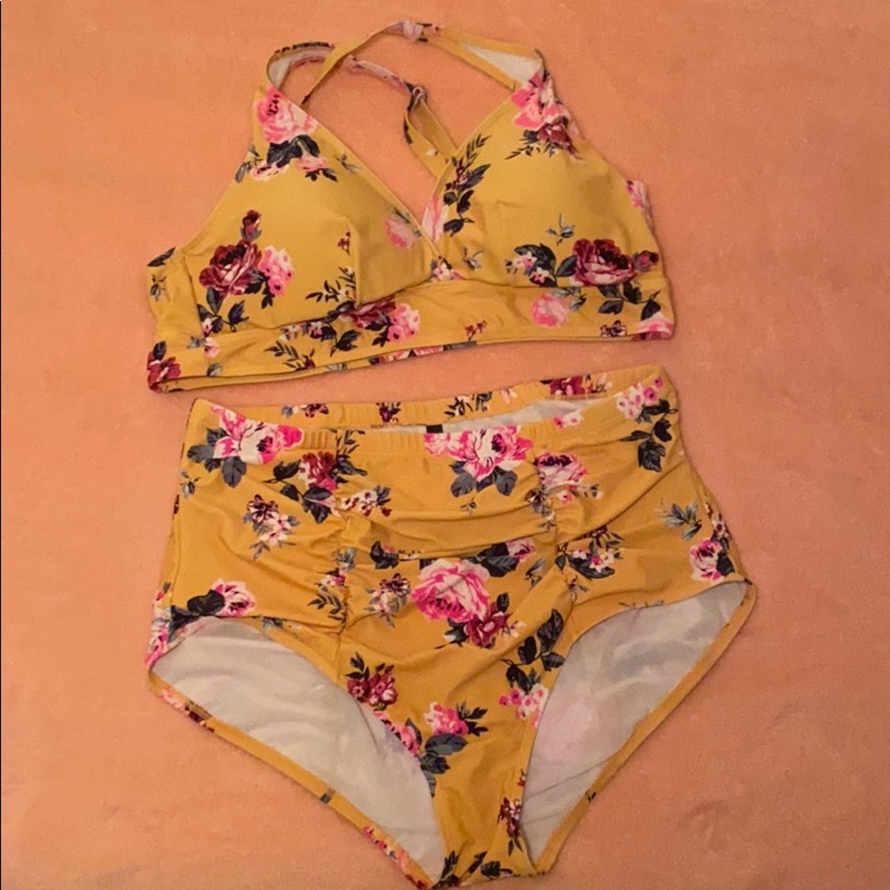 Adorable Yellow Floral High-Waist Bikini